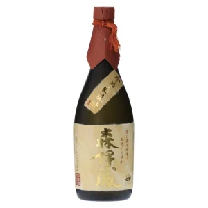 Bottle of Japanese sake with a red cloth-wrapped neck and gold label; upright liquor bottle