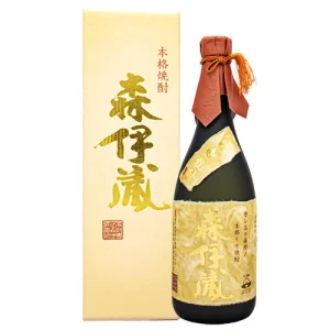 Bottle of premium sake with gold calligraphy on beige box and neck wrapped in red ribbon, placed beside its box.