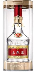 Bottle of Wuliangye five-grain baijiu with red label and gold foil accents, displayed in a protective case.