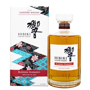 Hibiki Blossom Harmony whisky bottle beside its white box with Hibiki branding and floral patterns on the packaging
