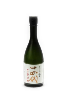 Bottle of sake with a white label featuring red and black Japanese characters, centered on a white background.
