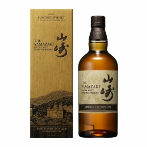 The Yamazaki Single Malt Japanese Whisky Limited Edition 2021 bottle next to its wooden box, both featuring Japanese calligraphy and matching labels.