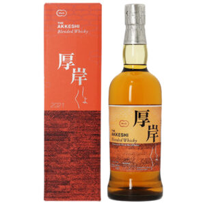 Bottle of The Akkeshi Blended Whisky with orange label beside its matching orange box, blue label text visible, year 2021.