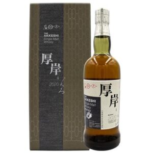 Bottle of Akkeshi single malt whisky with a cream label and Japanese characters, shown next to its patterned brown gift box.